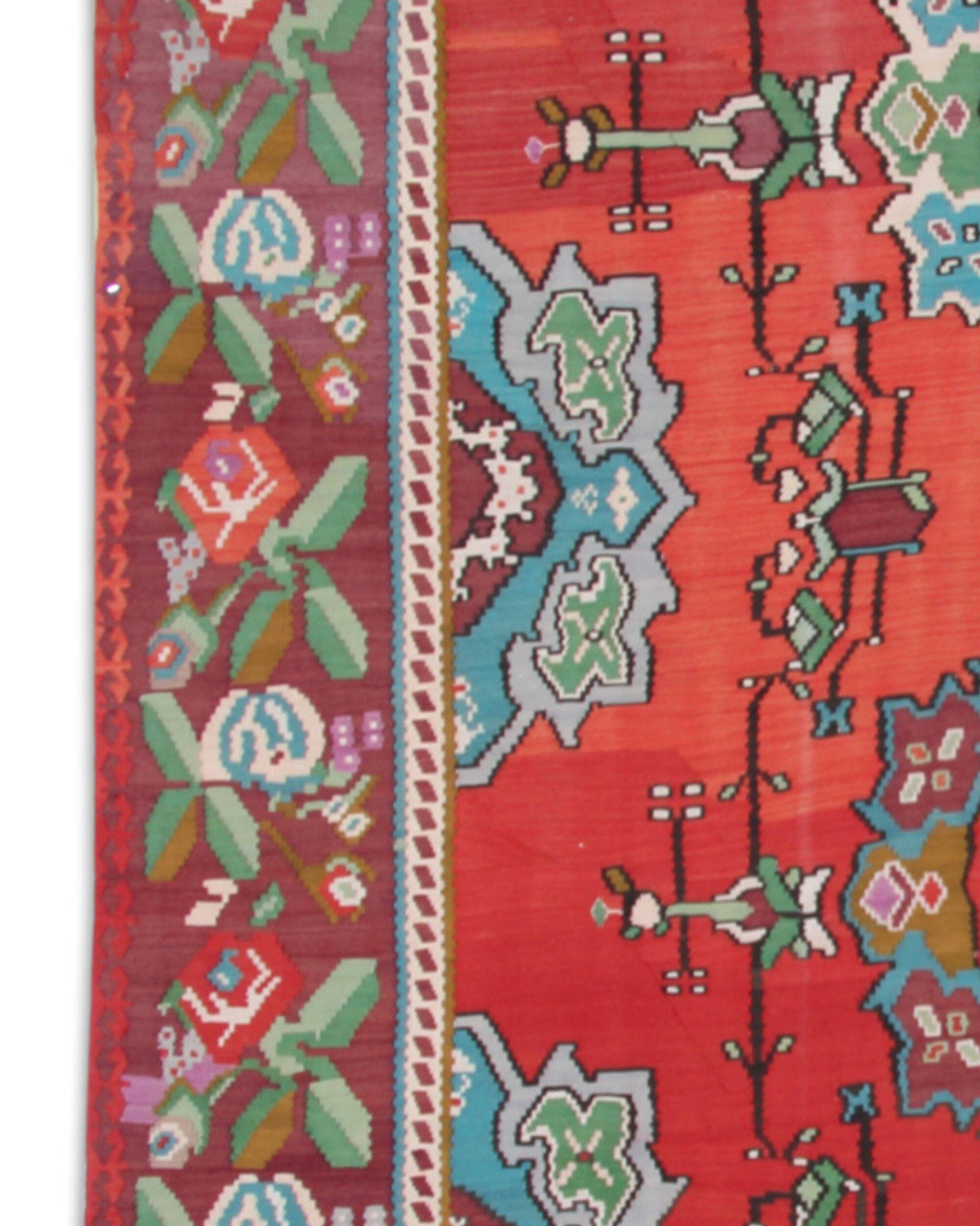 Red Floral Kilim Rug, Moldovian Handmade Wool Flatweave 287x207cm