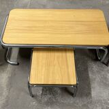 Set of 4 70s nesting coffee tables in metal and solid oak