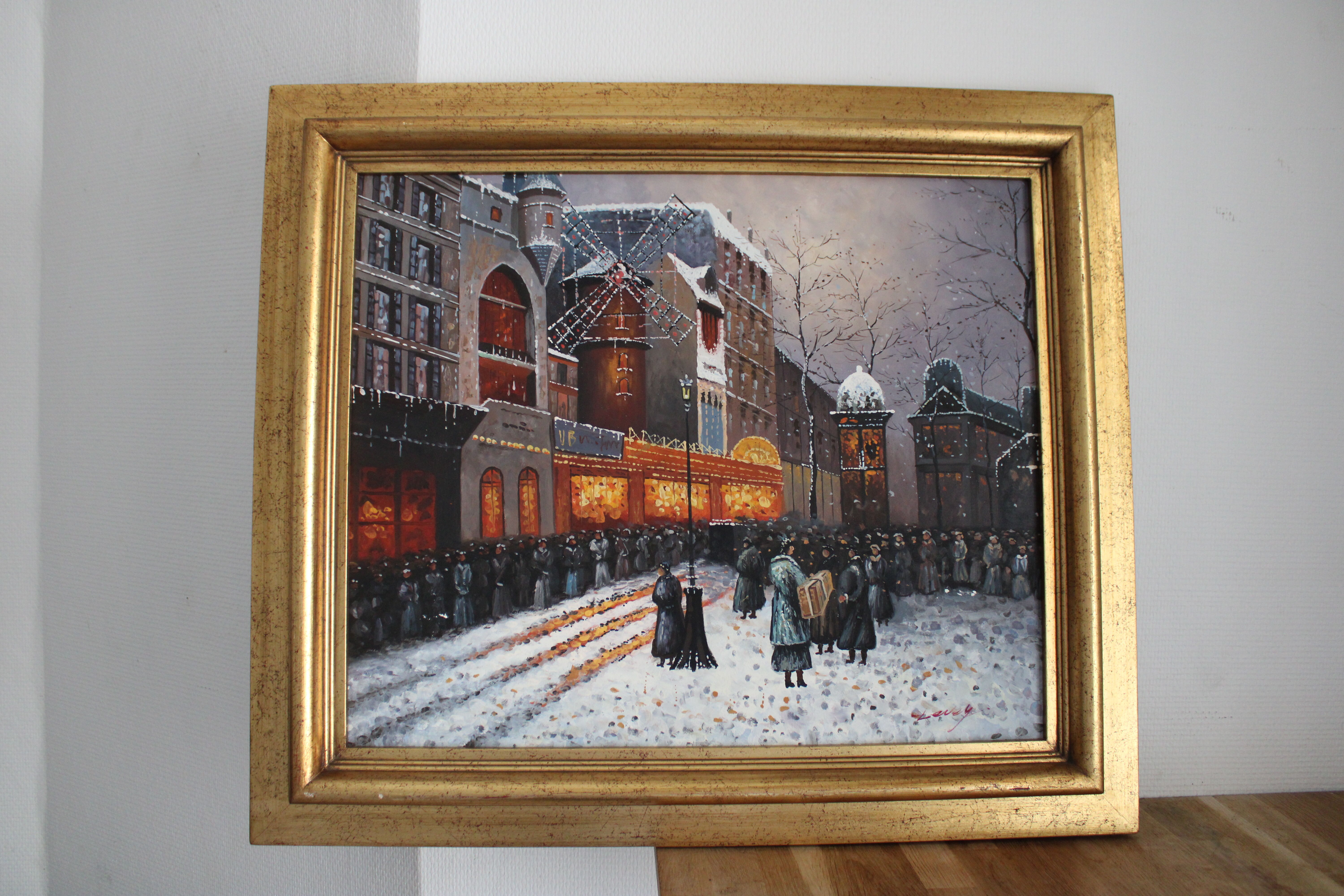 Painting signed the Moulin Rouge under the snow