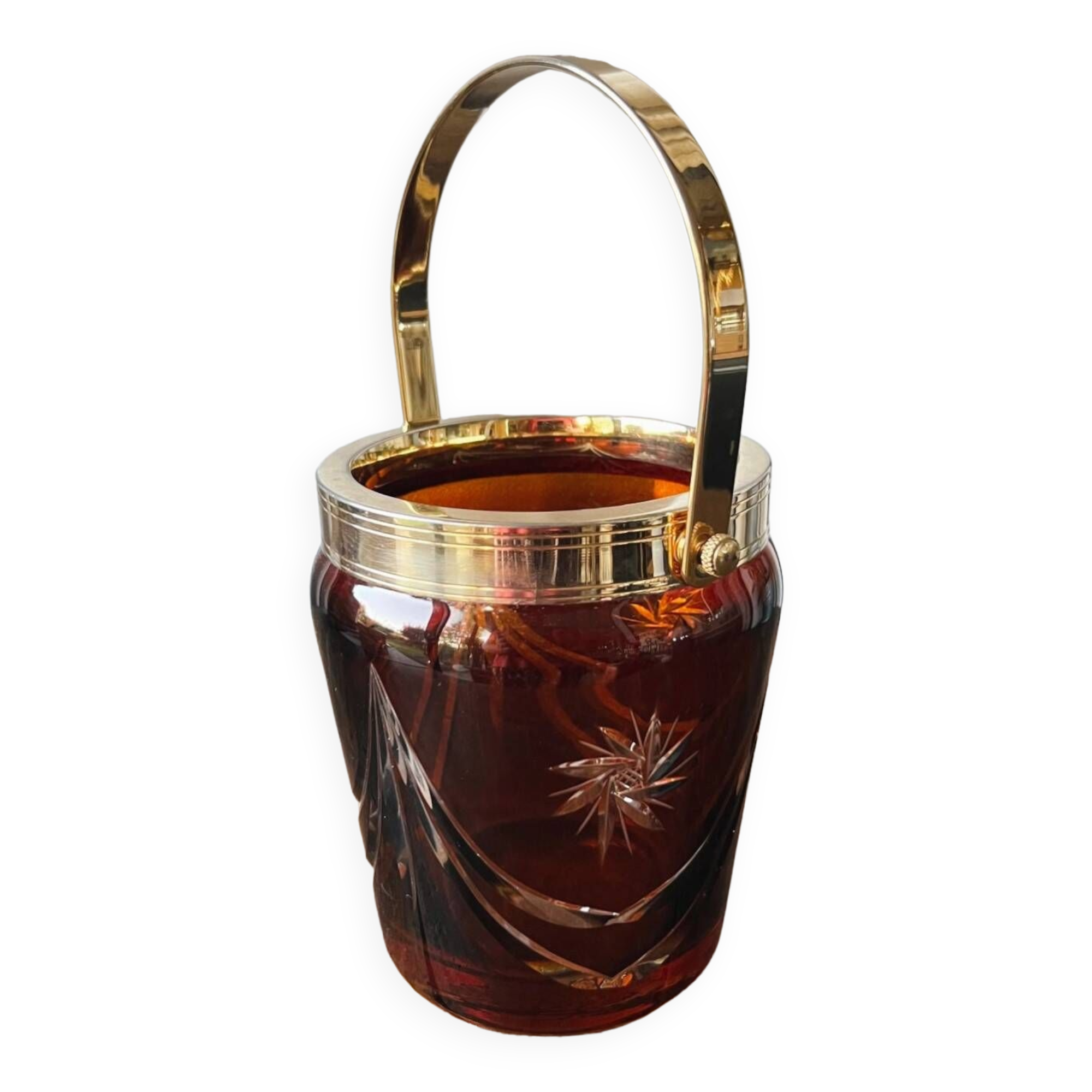 Vintage ice bucket in amber chiseled glass