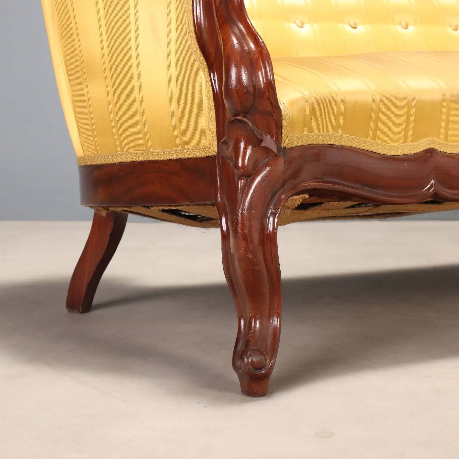 Antique mahogany canapé with fabric, Italy, mid-19th century.