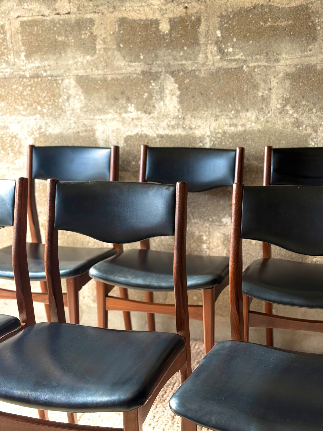 Scandinavian teak chairs, black faux leather (x6)