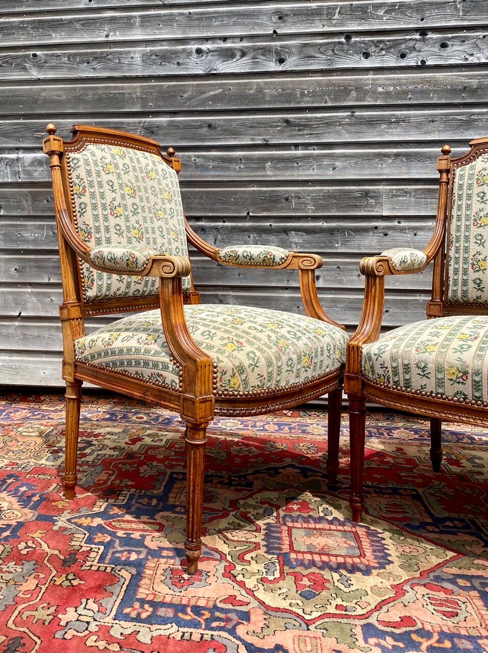 Pair of armchairs in natural wood louis xvi style xix century