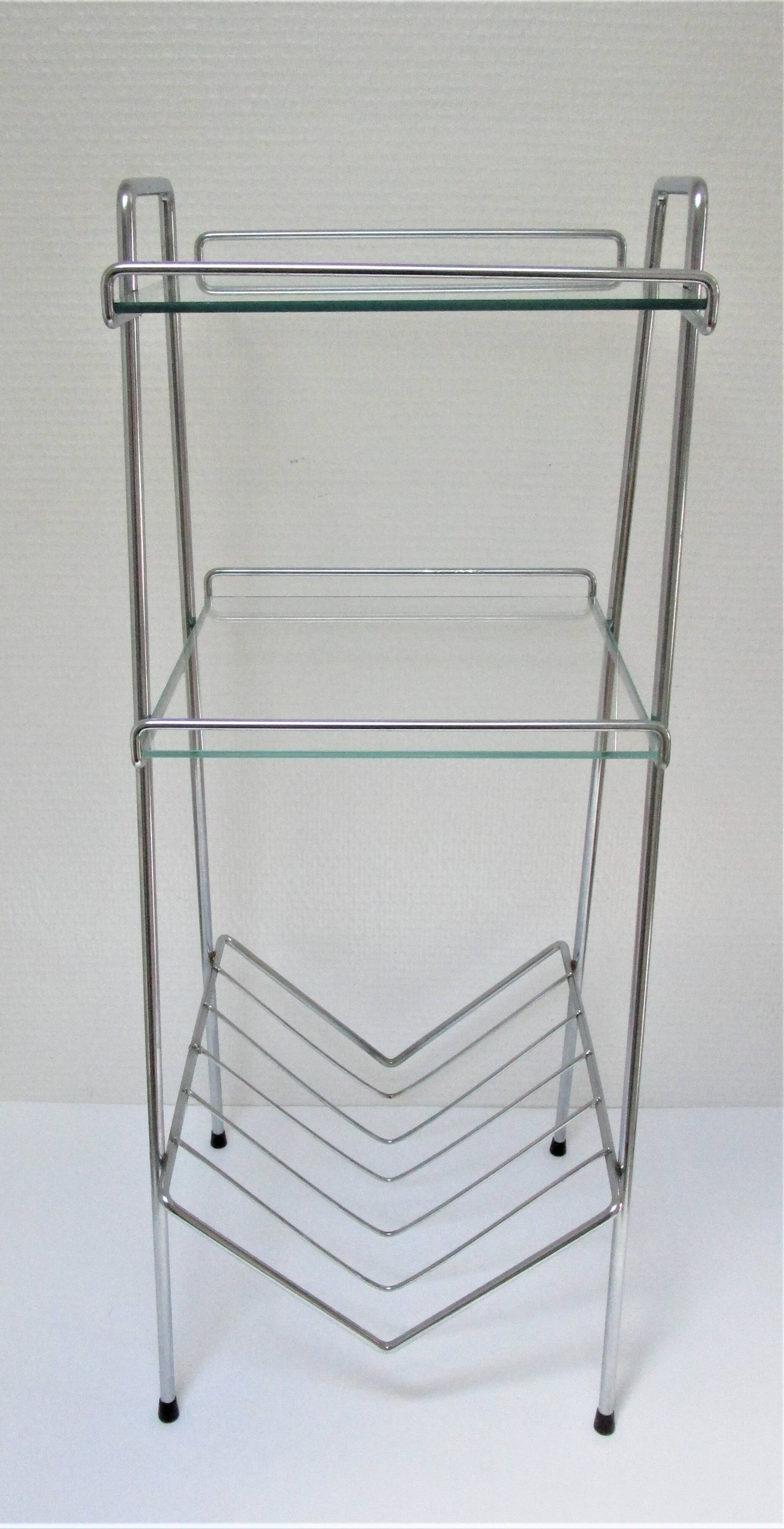 Chrome metal glass saddle shelf magazine rack 70s