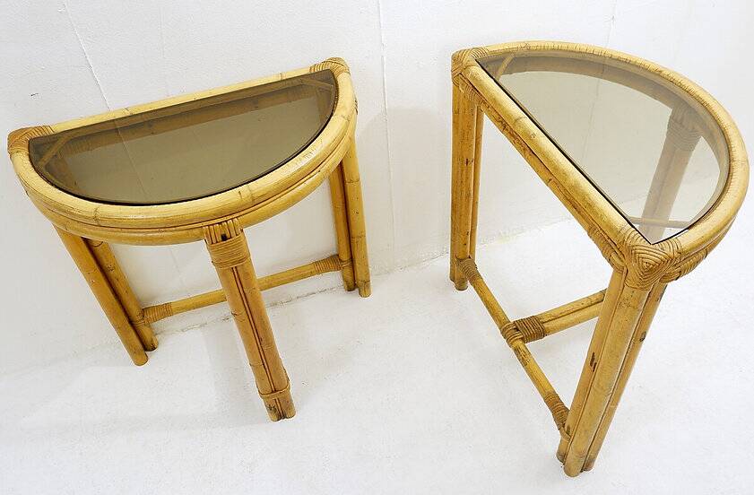 Pair of mid-century Italian half-moon bamboo and smoked glass console tables