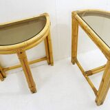 Pair of mid-century italian half-moon bamboo and smoked glass console tables