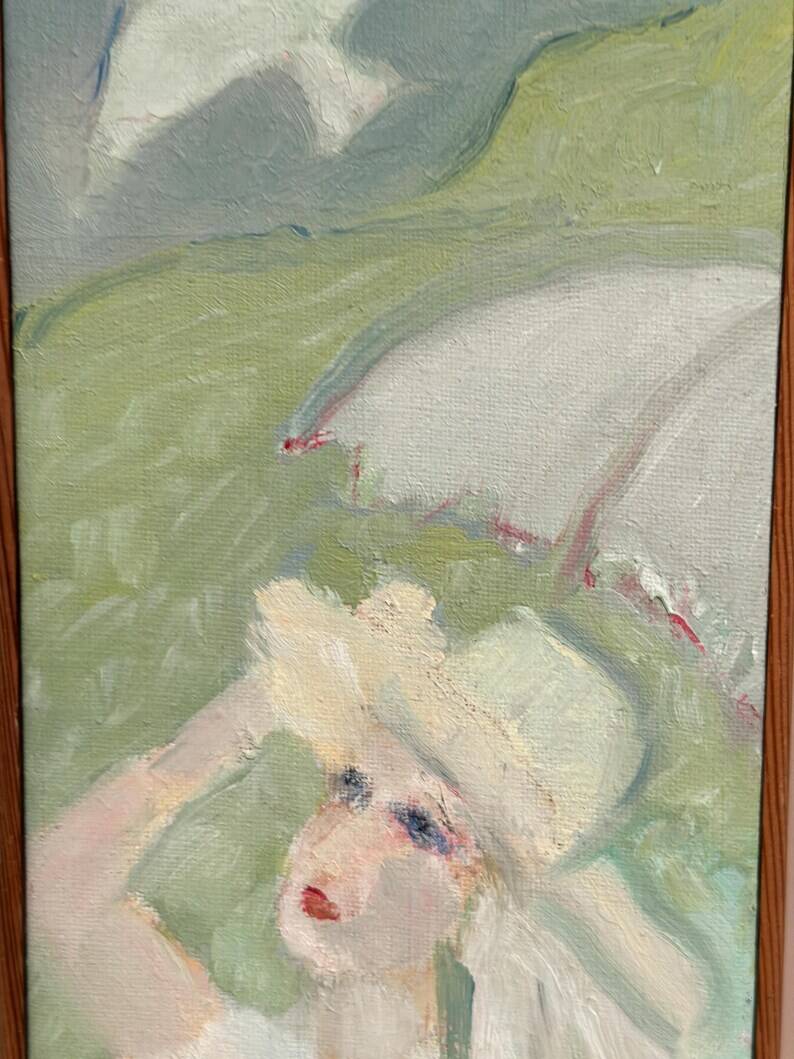 Original Swedish Oil on Canvas – "Woman with Dove" by G.G., 1990 – vintage and framed – 35.5 × 16 cm (13.9" × 6.2")