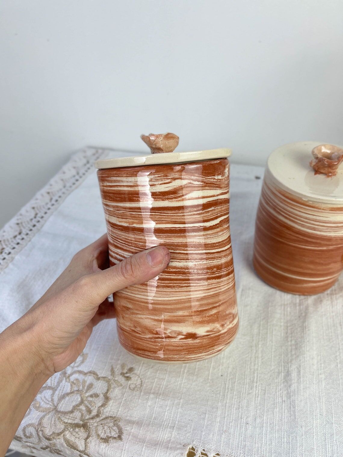 Set of 3 artisanal ceramic boxes signed Oupi Kiri vintage 50s