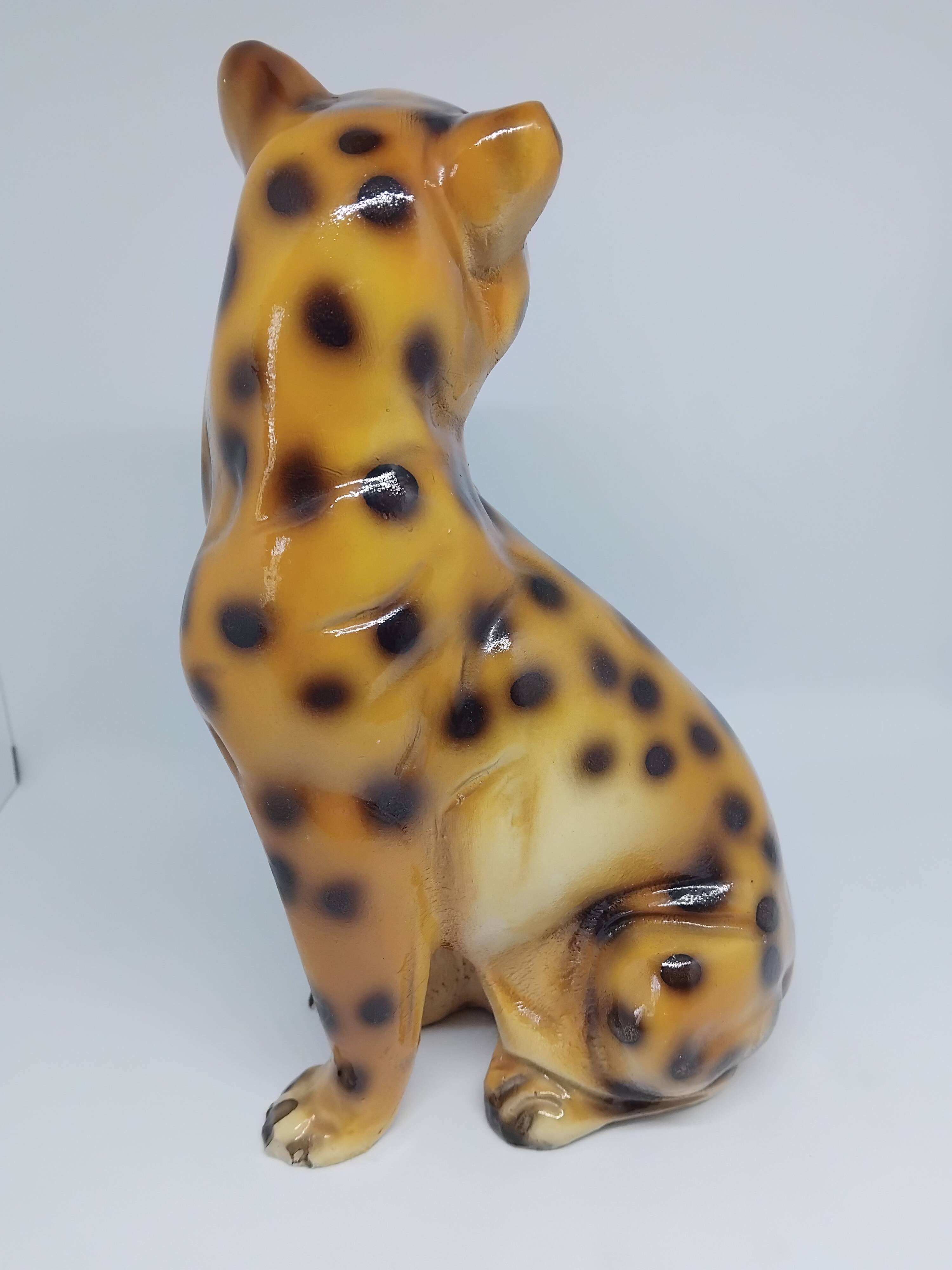 Polychrome terracotta jaguar Vintage 1970s.