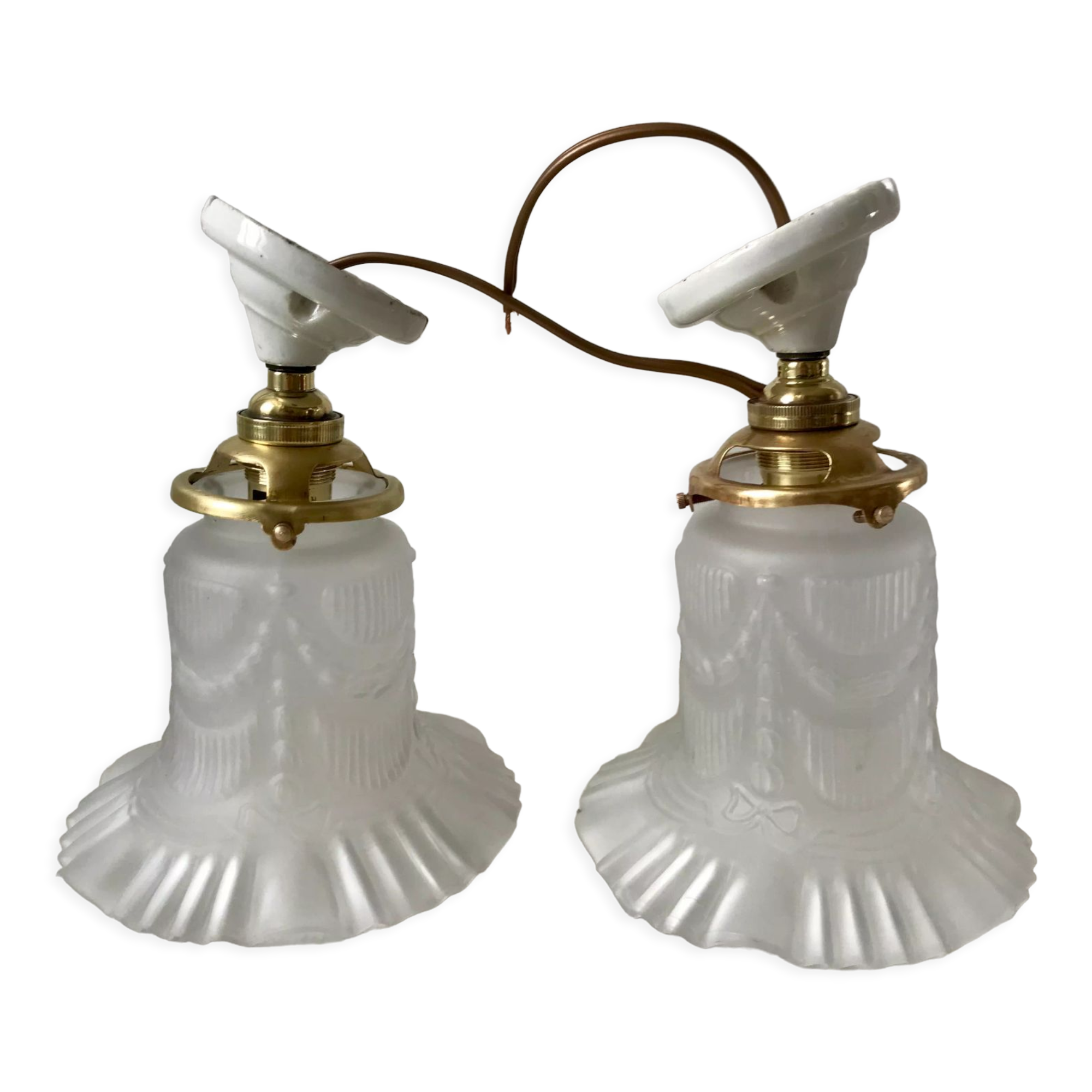 Pair of tulip wall lamps in molded glass on porcelain support 20s