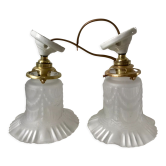 Pair of tulip wall lamps in molded glass on porcelain support 20s