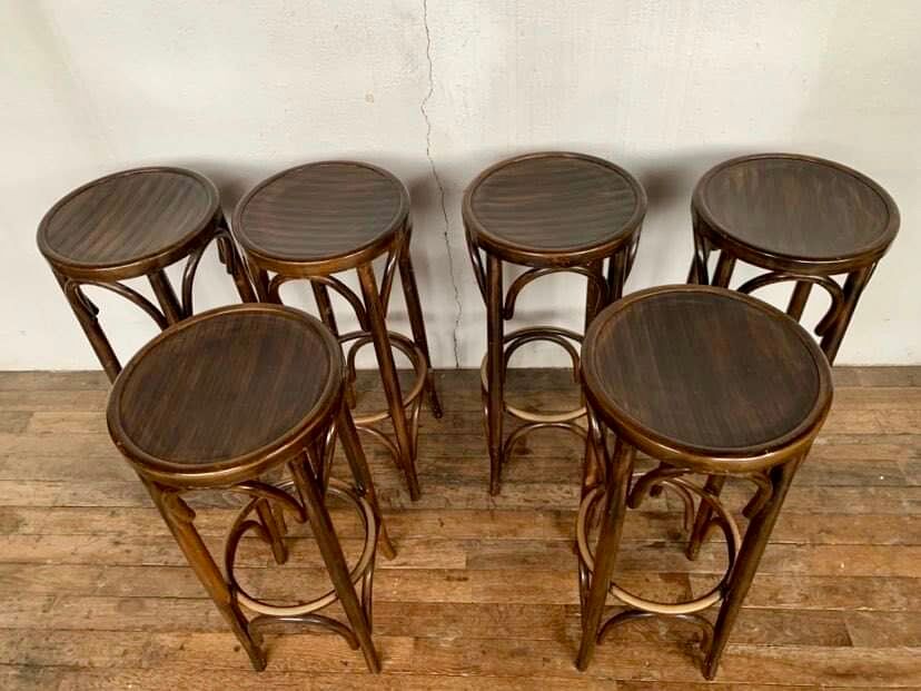 Series of 6 bar stools in curved wood