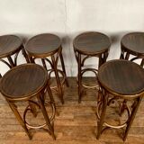 Série de 6 anciens tabourets de bar bistrot en bois courbé vintage