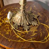 Original murano lamp in gilded bronze and metal with three lights, murano glass tulips 58x42