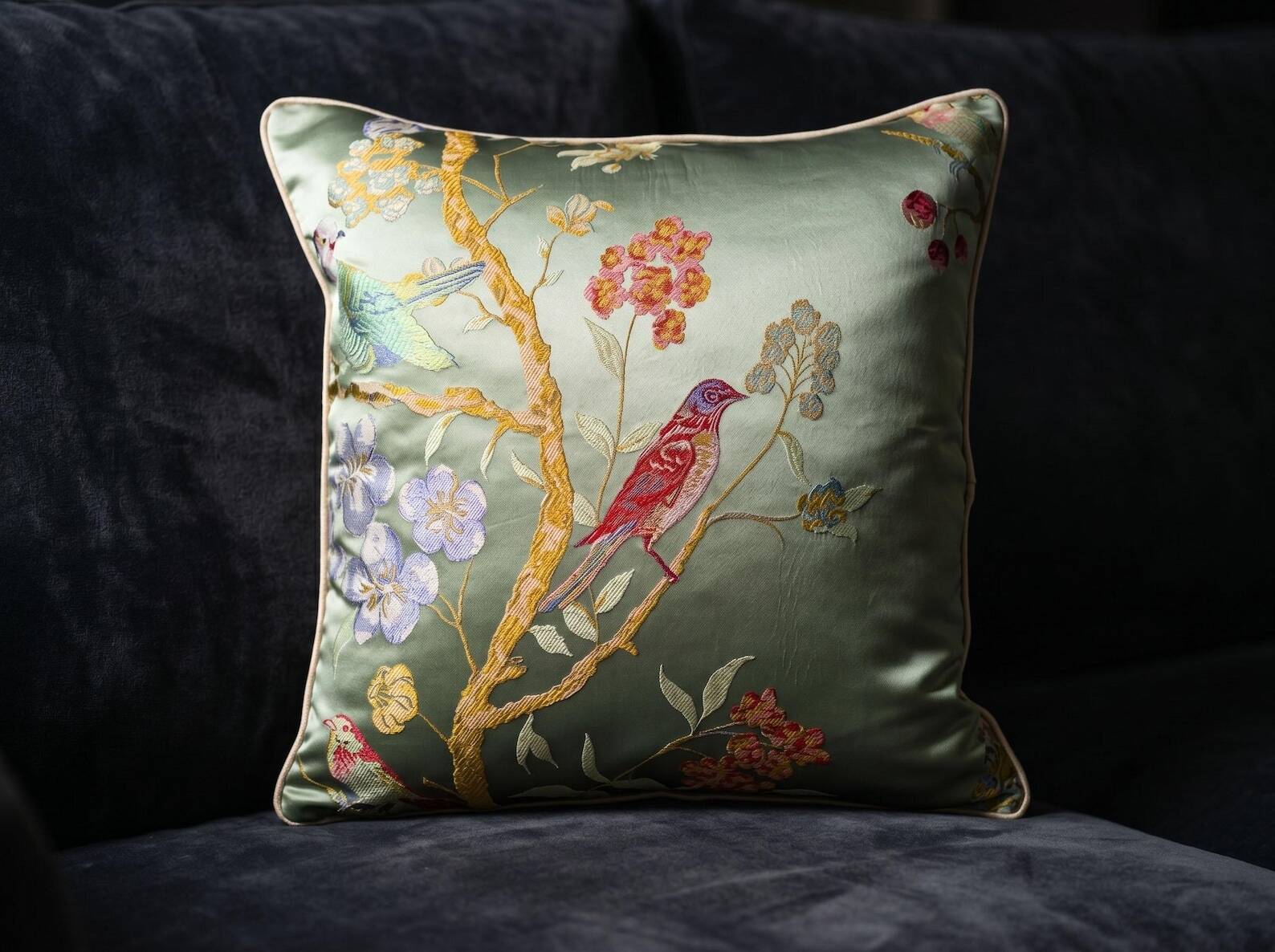 Chinoiserie Bird Cushion Cover, Cream Piped Silk Botanical Pillow