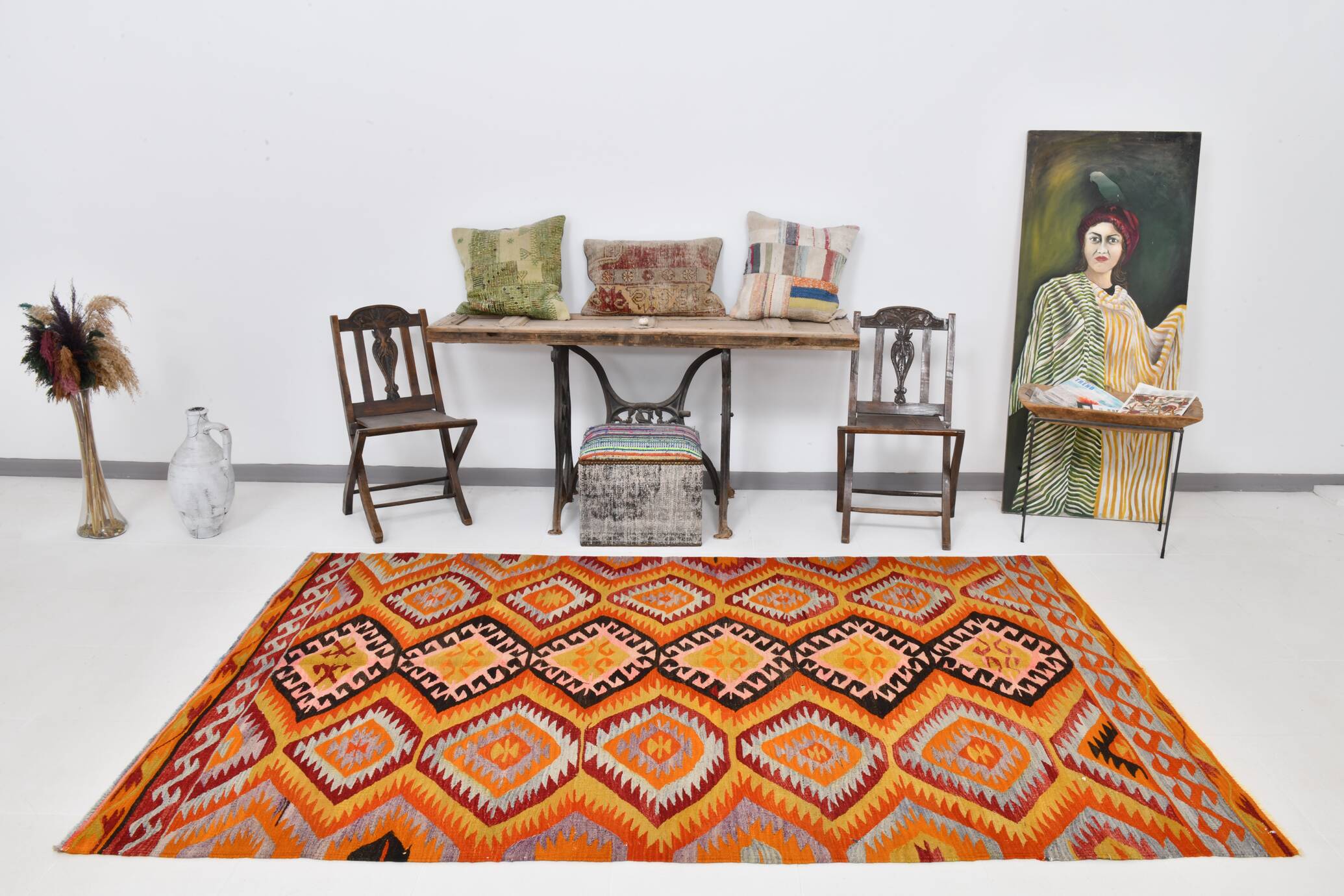 6x9 Orange & Balck Handmade Tribal Vintage Kilim Rug