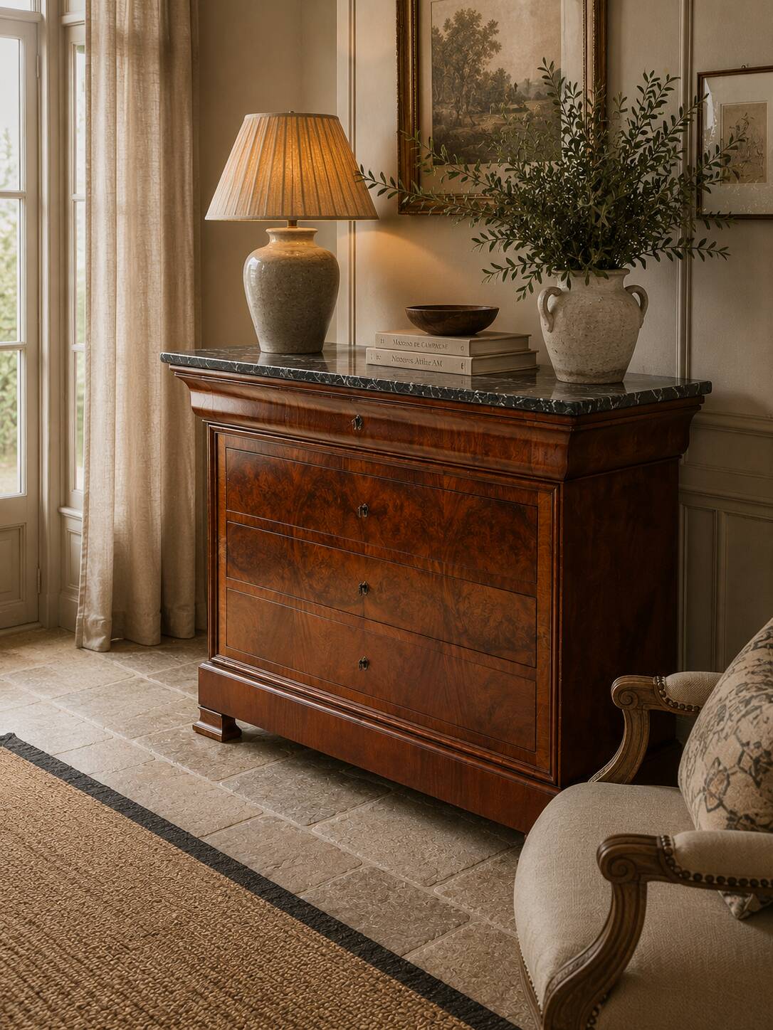 Commode Louis-Philippe en noyer loupe et marbre noir - XIXe siècle