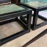 black lacquered square coffee tables with green marbled effect top