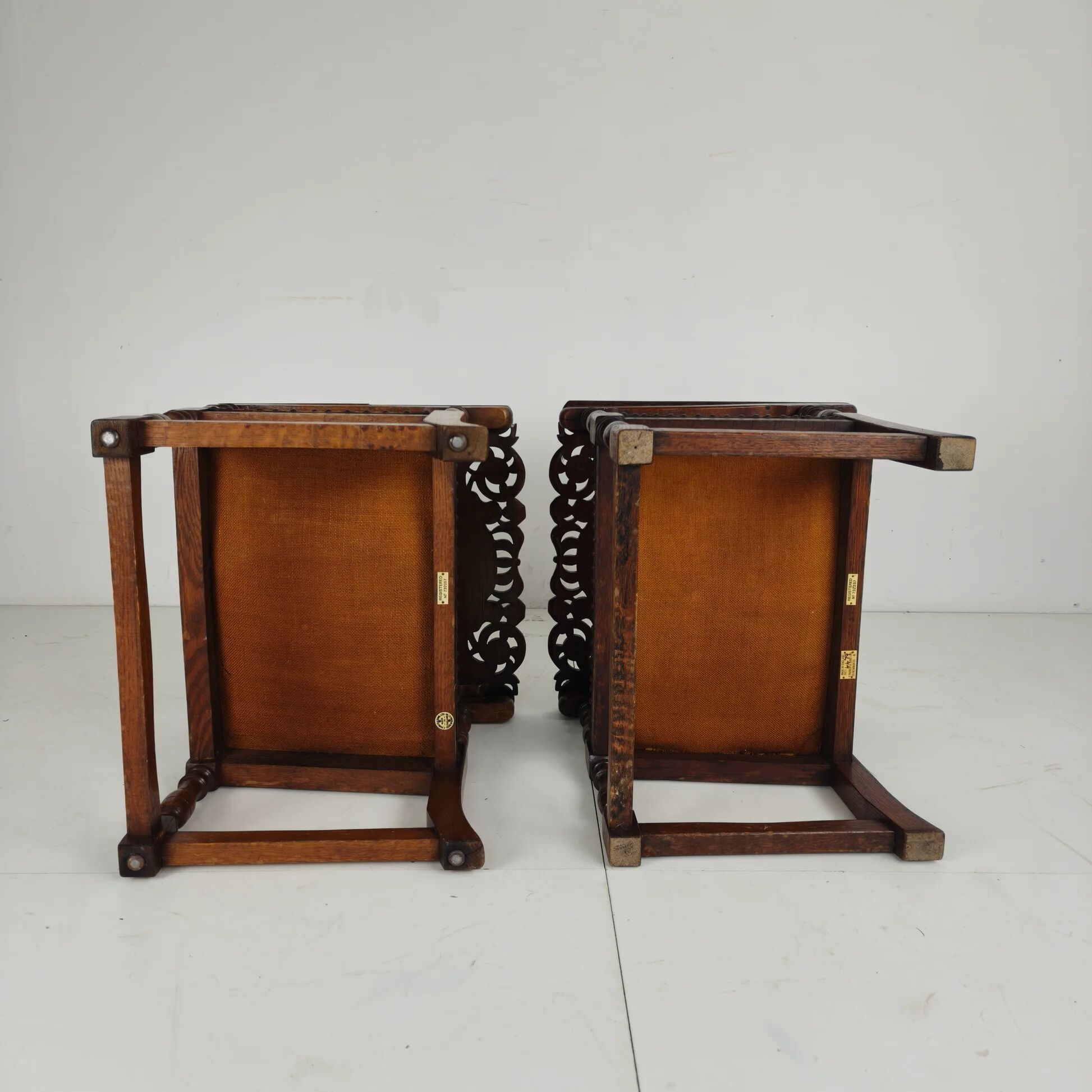 Pair of English antique Jacobean monk armchairs / tables by F. Parker & Sons Ltd