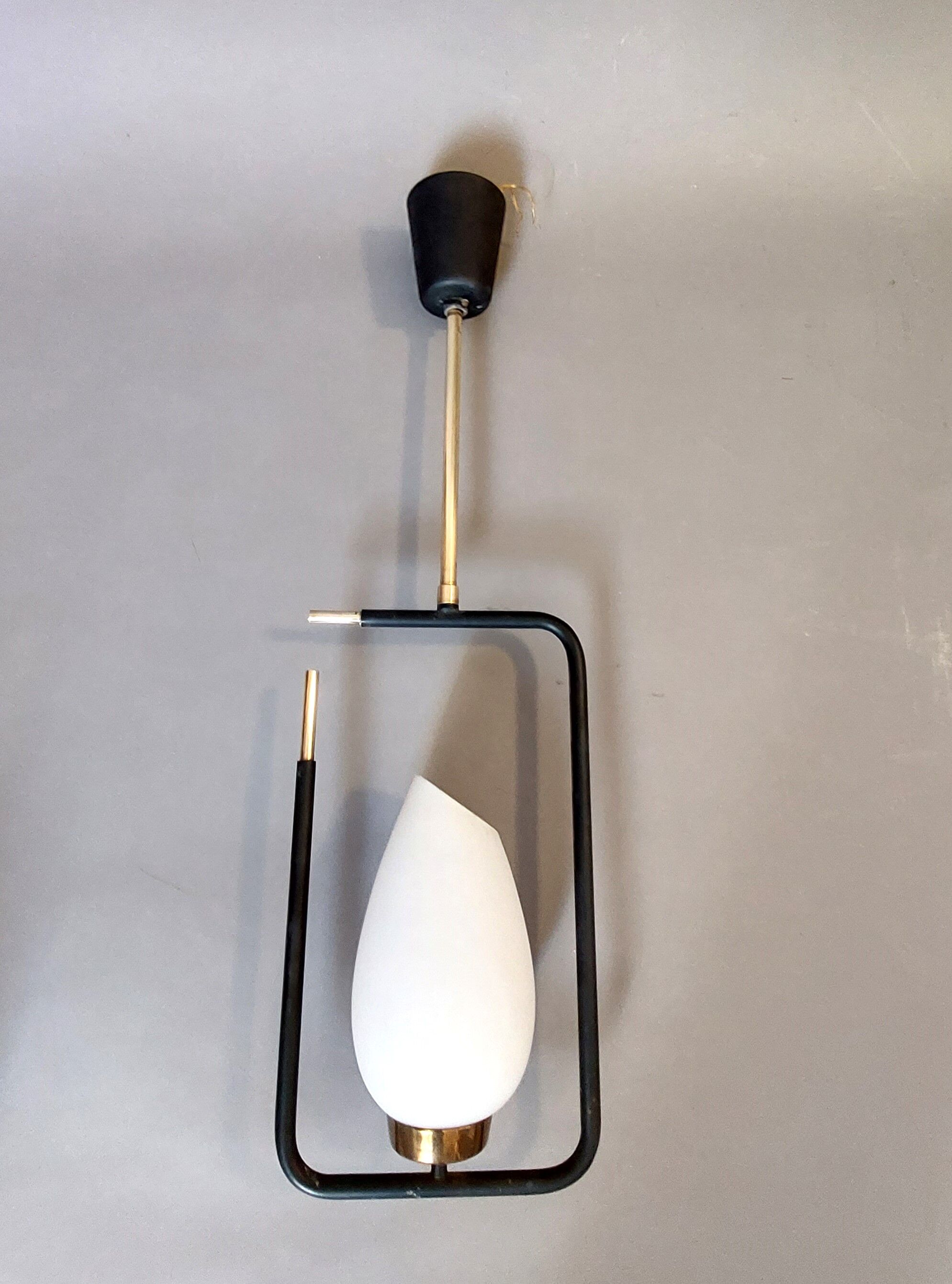 Maison Lunel pendant lamp in black metal, gilded brass and opaline 1960.