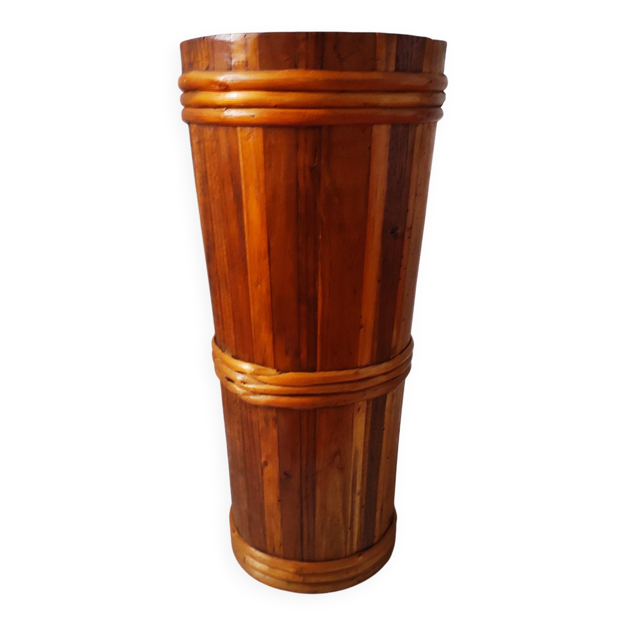 Vintage wooden and rattan umbrella stand