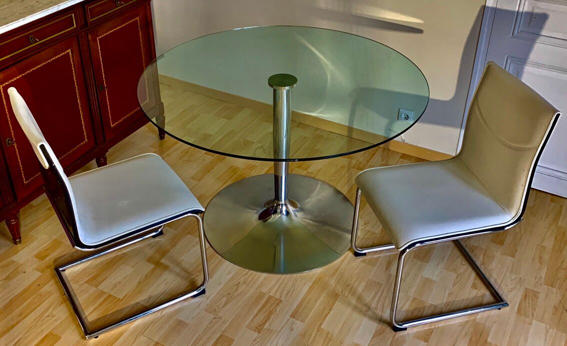 Table legs tulip in chromed metal and tempered glass top Italy stamped Calligaris
