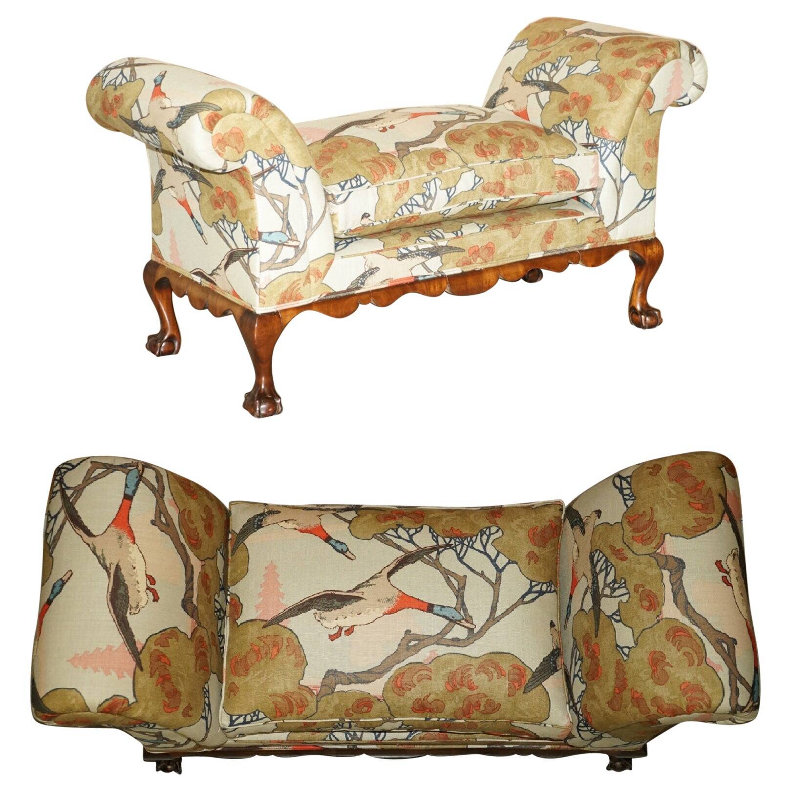 Antique banquette with cluster and ball feet, window seat in Mulberry Flying Ducks fabric.