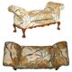 Antique banquette with cluster and ball feet, window seat in Mulberry Flying Ducks fabric.