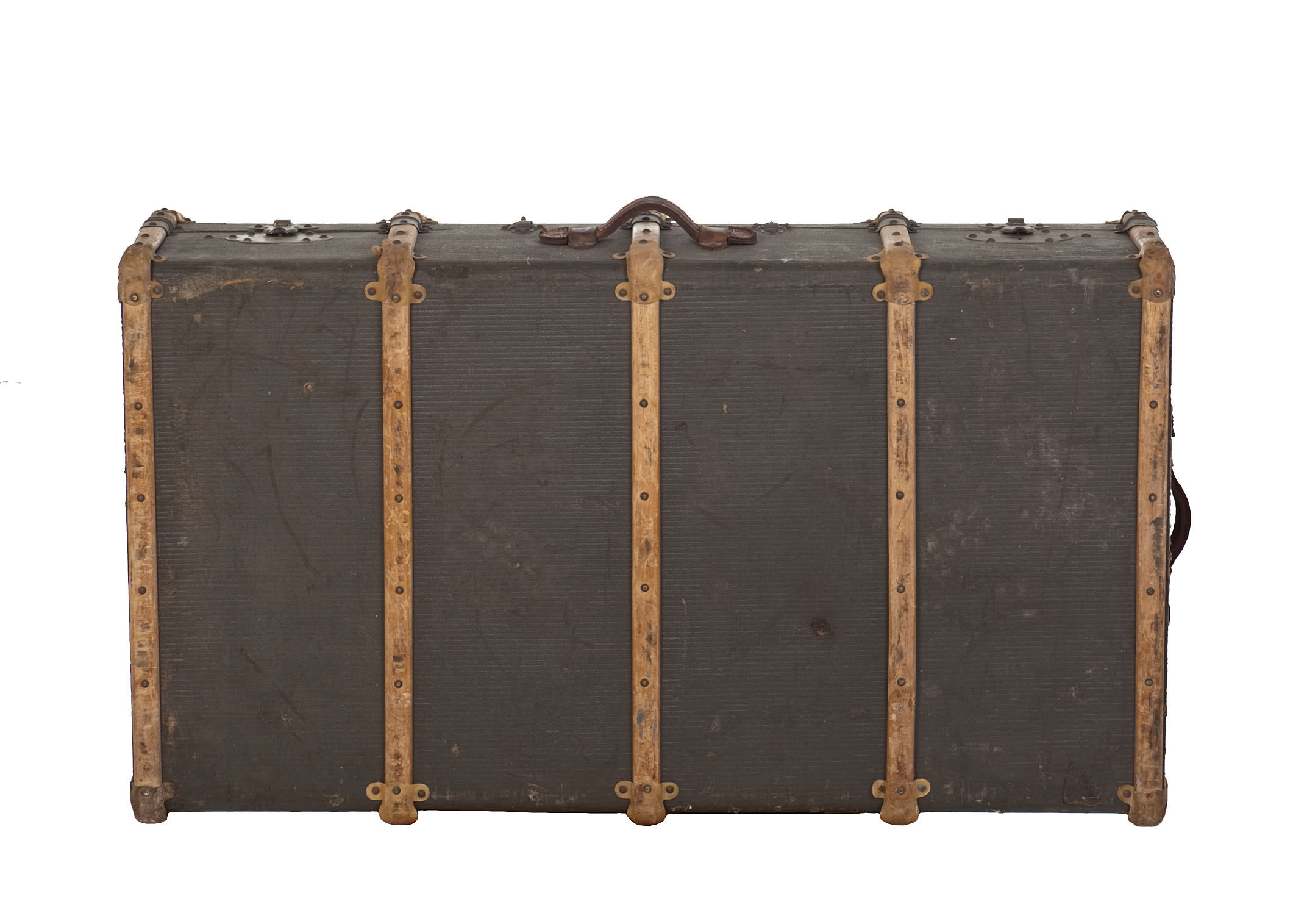 Trunk with wood, brass lock, khaki green coated canvas, circa 1930