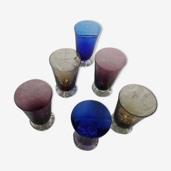 6 grands verres colorés Vallerysthal piédestal volanté vintage excellent état