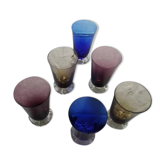 6 grands verres colorés Vallerysthal piédestal volanté vintage excellent état