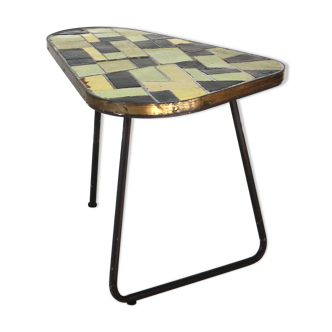 Mid-century garden table with tile mosaic and tripodal steel base