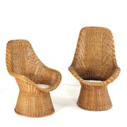 Set of 2 vintage rattan wicker armchairs with white teddy fabric