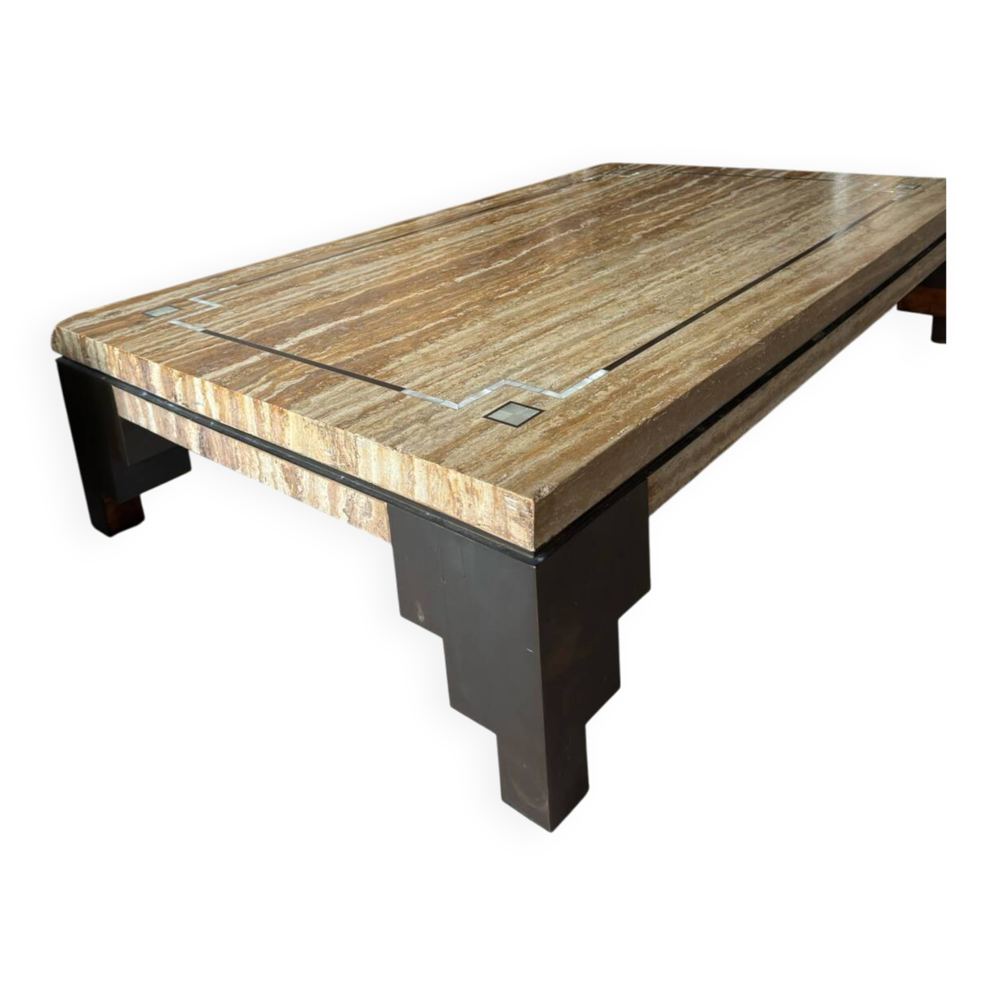 Coffee table in travertine with mother-of-pearl inlays.