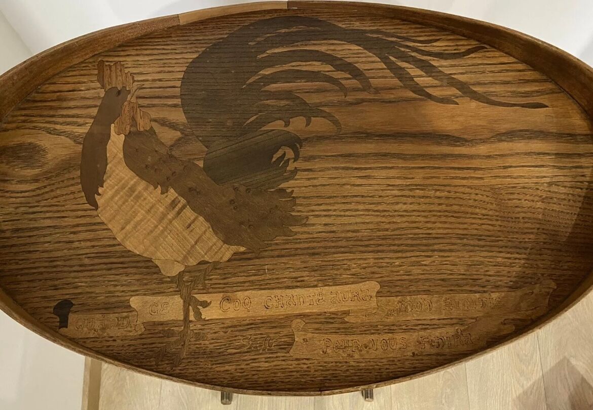 Lounge table rooster signed galle era art nouveau marquetry