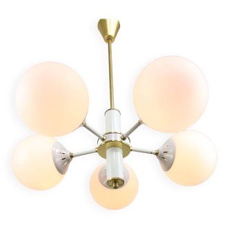 Vintage Italian Brass and Opaline Sputnik Chandelier, 1970s