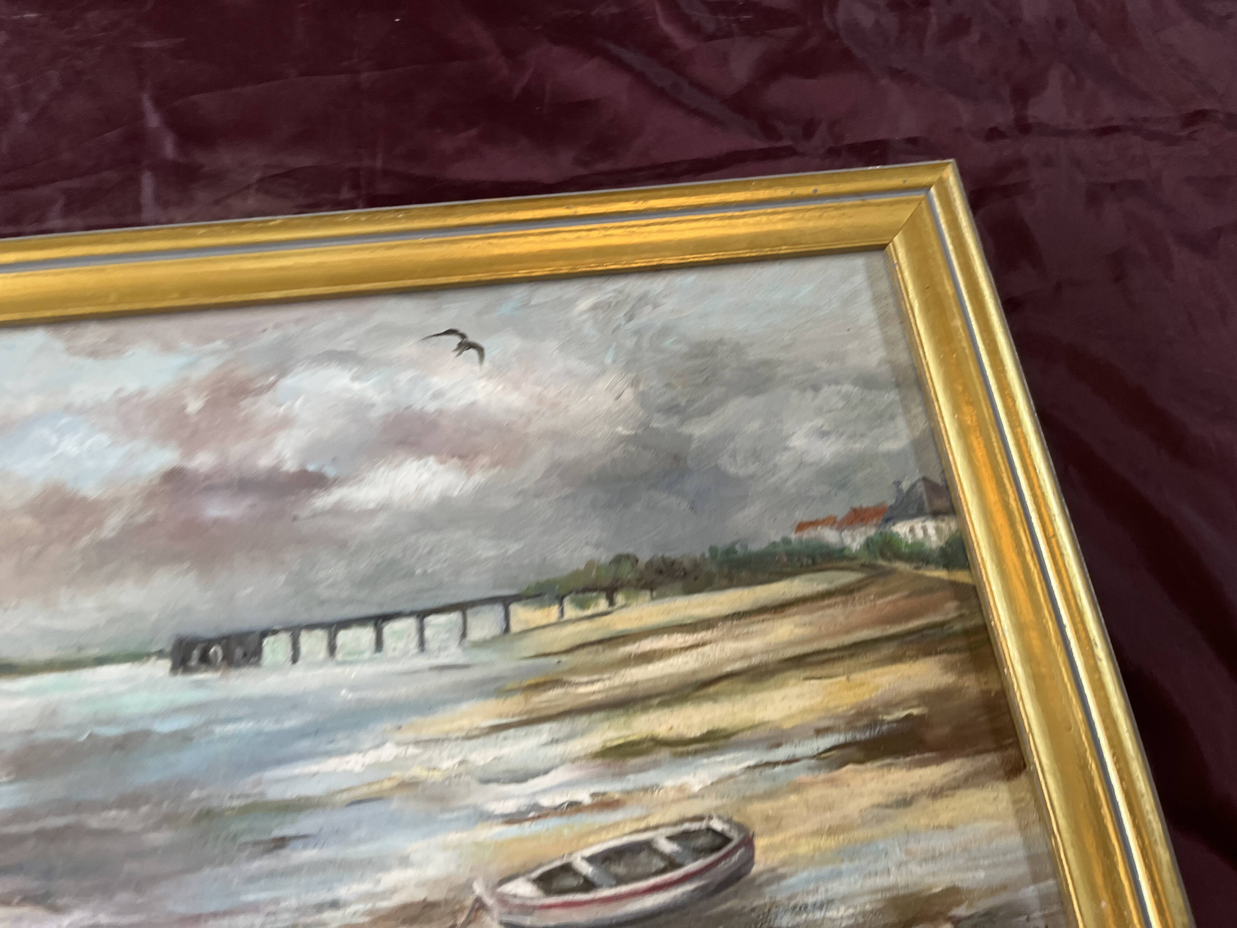Maritime landscape painting with boat, signed Stauzin