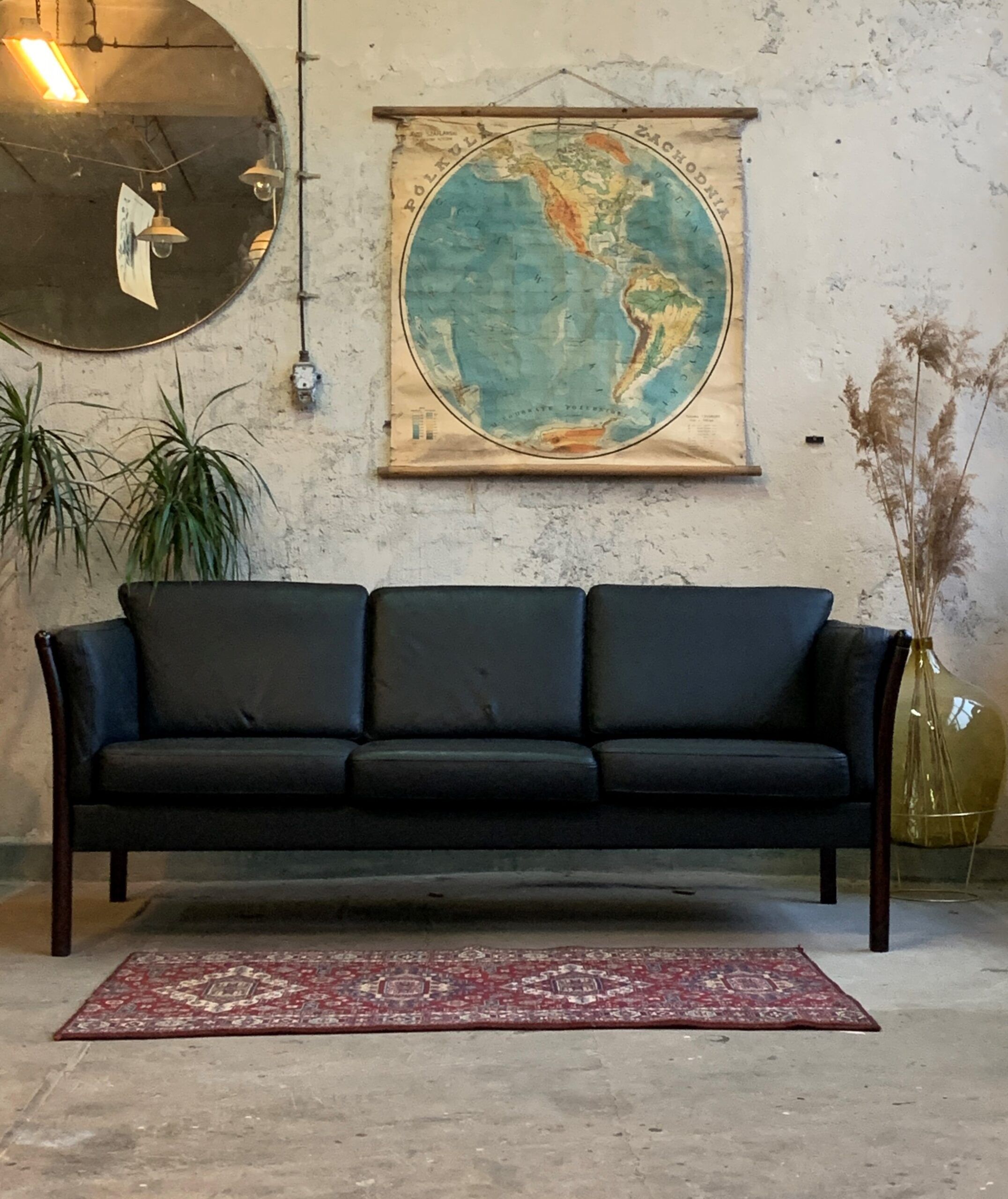 Black 3 seat leather sofa, Denmark 80/90