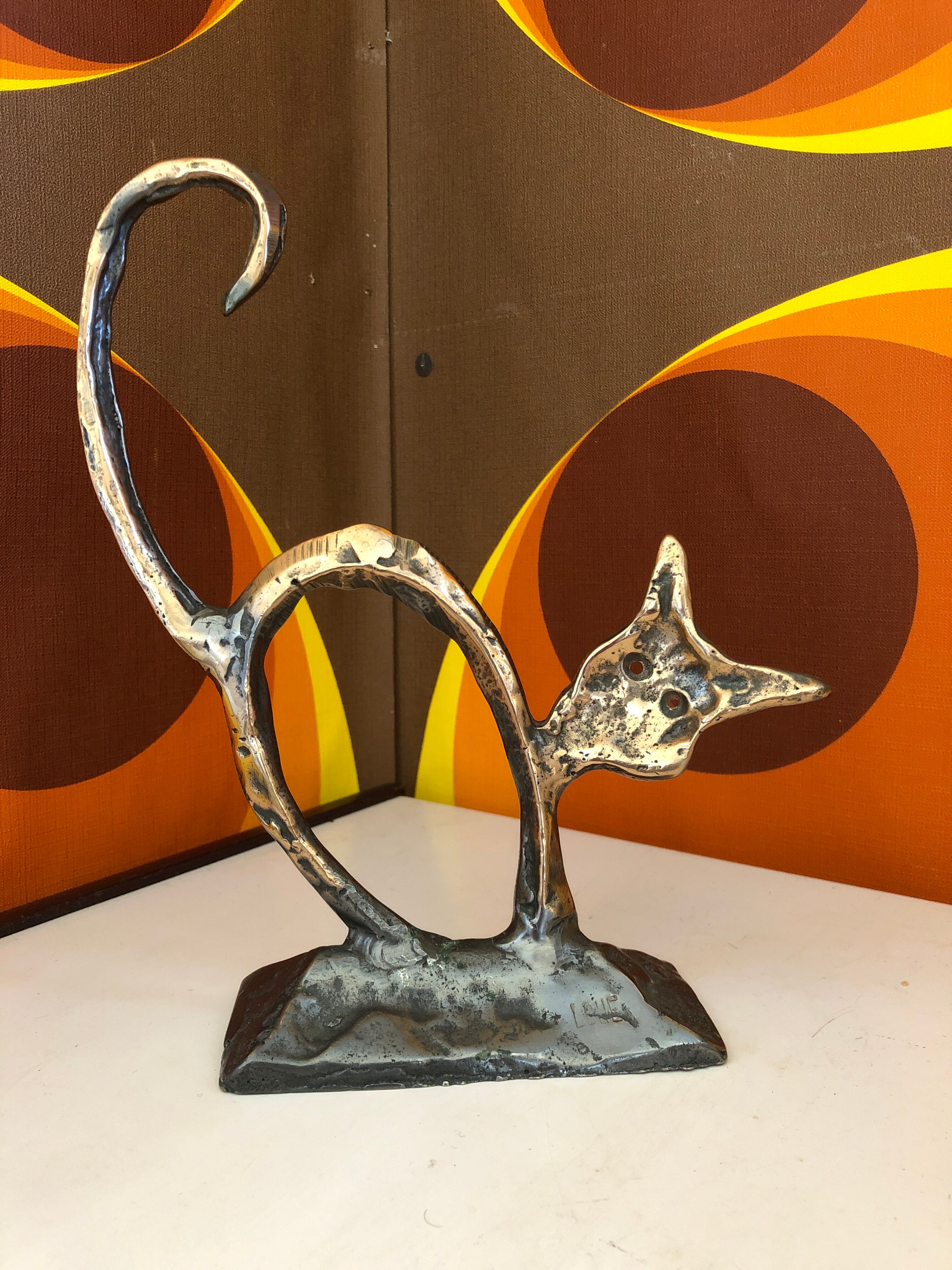 Paper press Bronze sculpture cat signed lohé