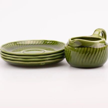 Set of 4 green porcelain cups and milk jug by Boch.