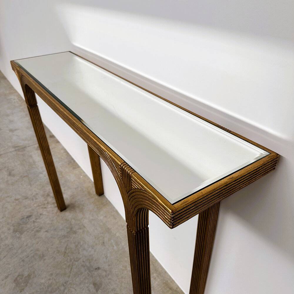 Vintage Deknudt gilt console table with beveled mirror top, Belgium, 1980s