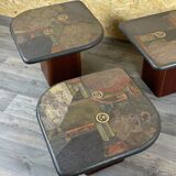 90s set of 3 brutal coffee tables with mosaic by Paul Kingma for Kneip