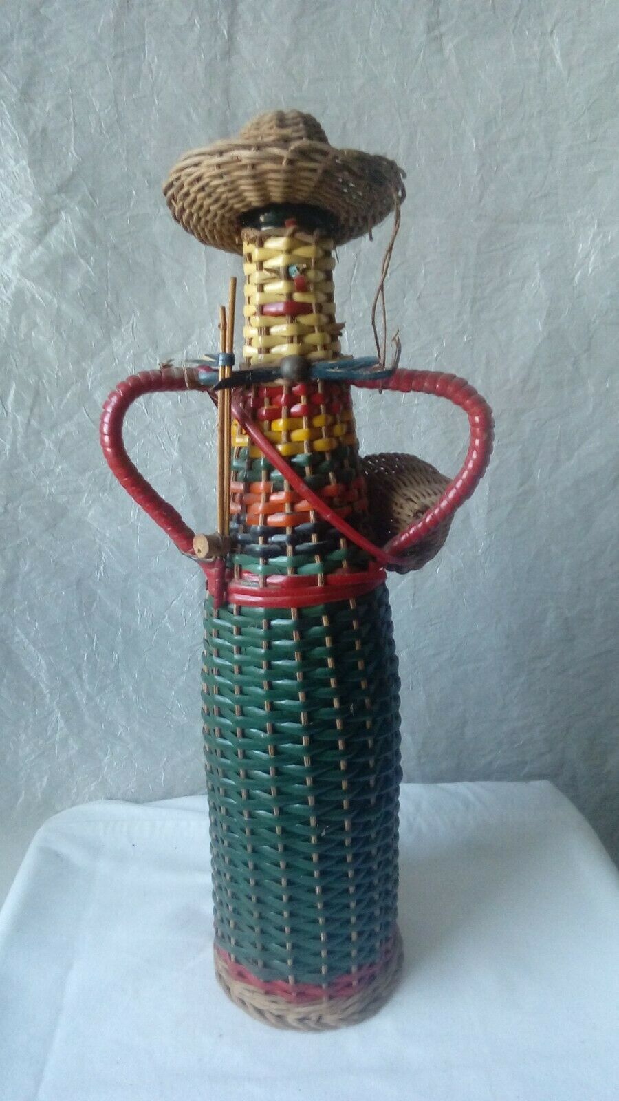 Bottle scoubidou and wicker years 1970 vintage