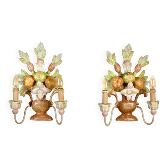 Pair of hand-carved and hand-painted wooden sconces, made in Italy