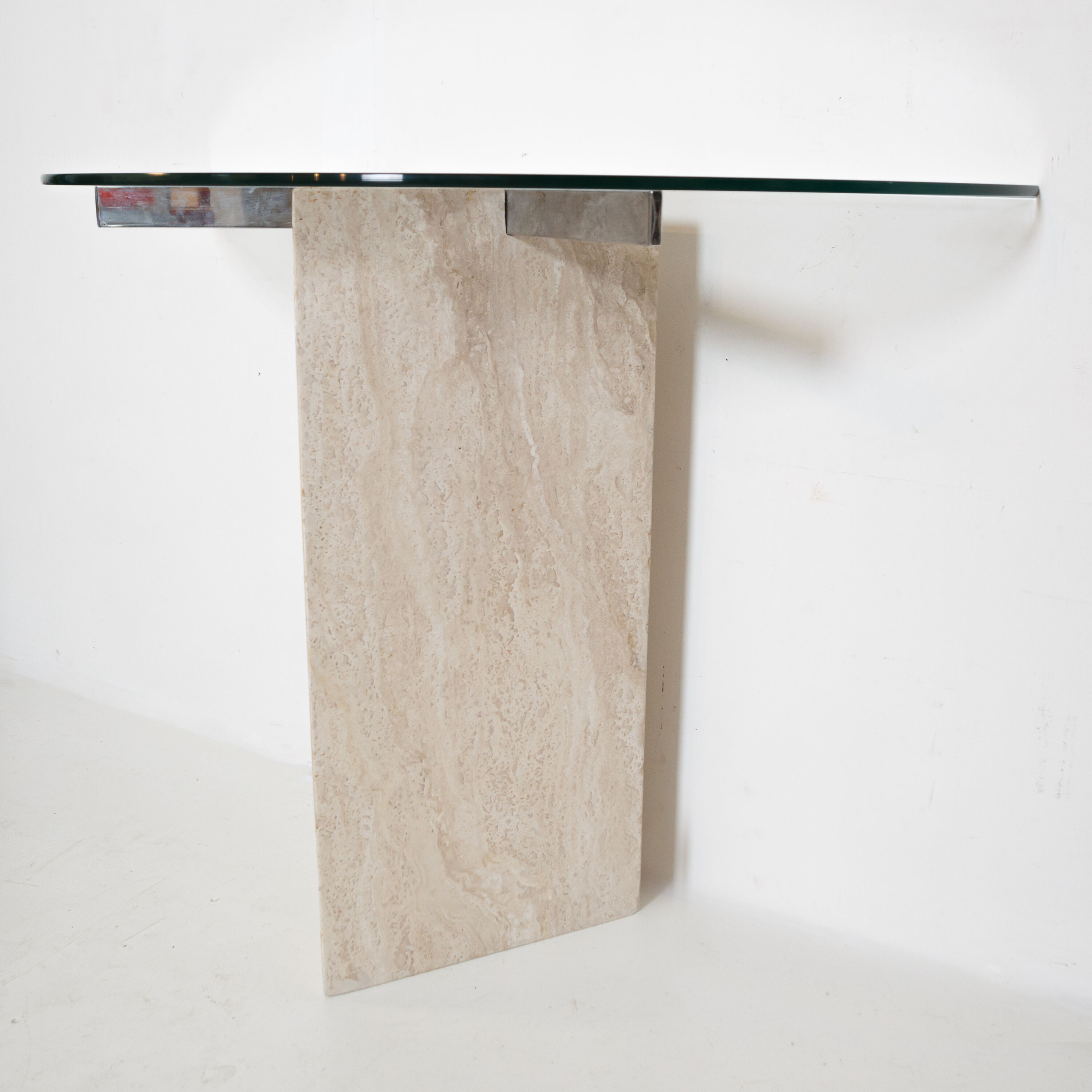 Travertine console and vintage glass