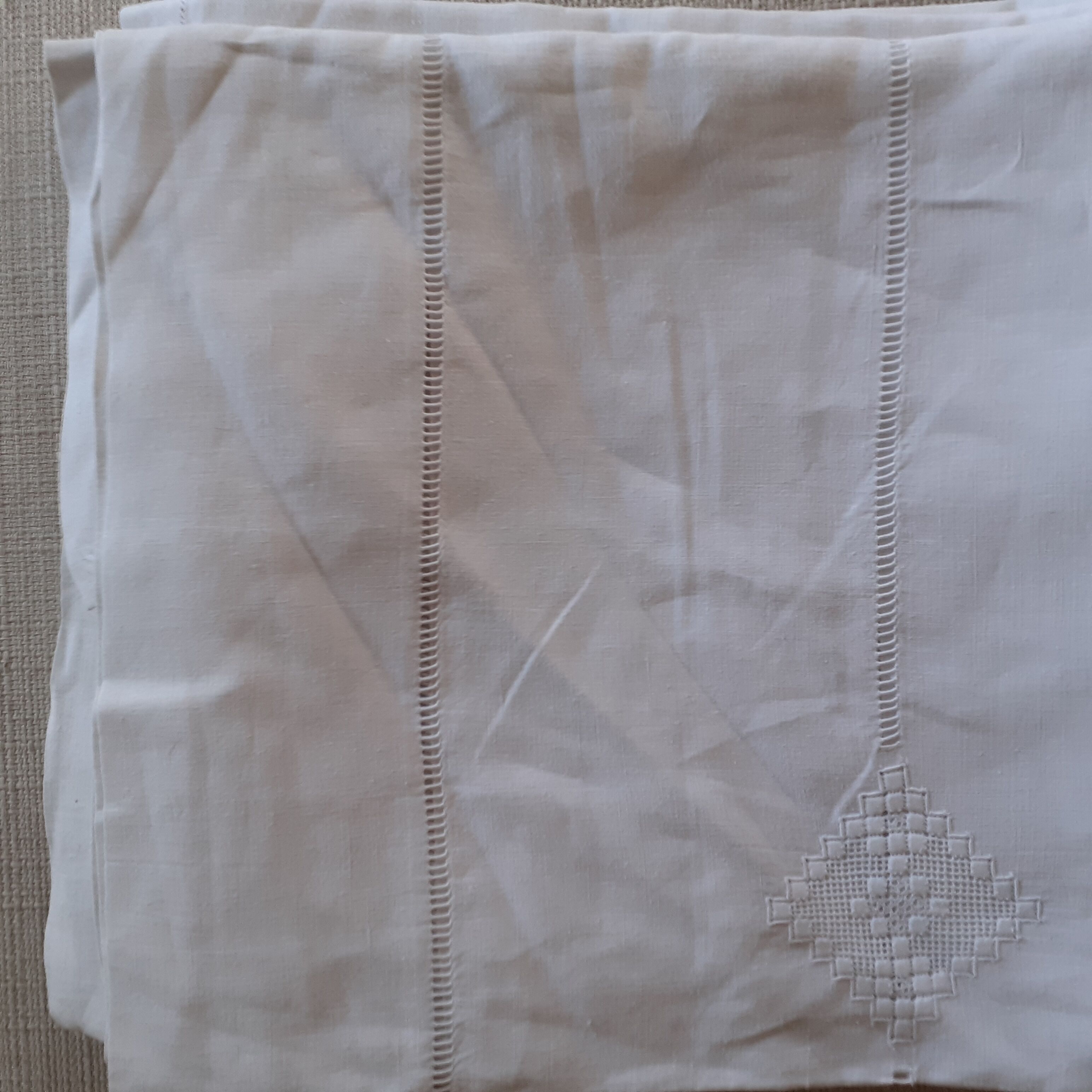 Large and old yarn sheet. Embroidery - days - monogram.