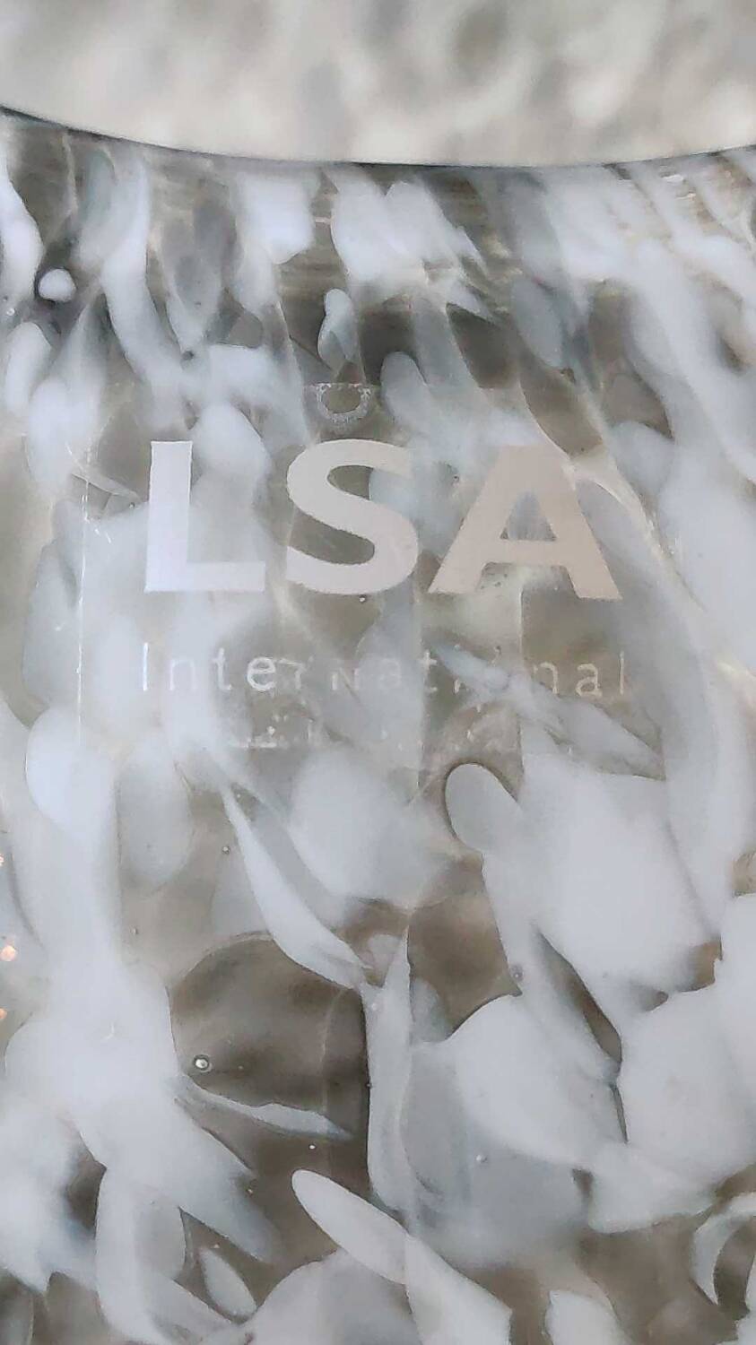 Spherical/ball vase in blown art glass. lsa international. smoked gray speckled white. size 14 x 15 cm