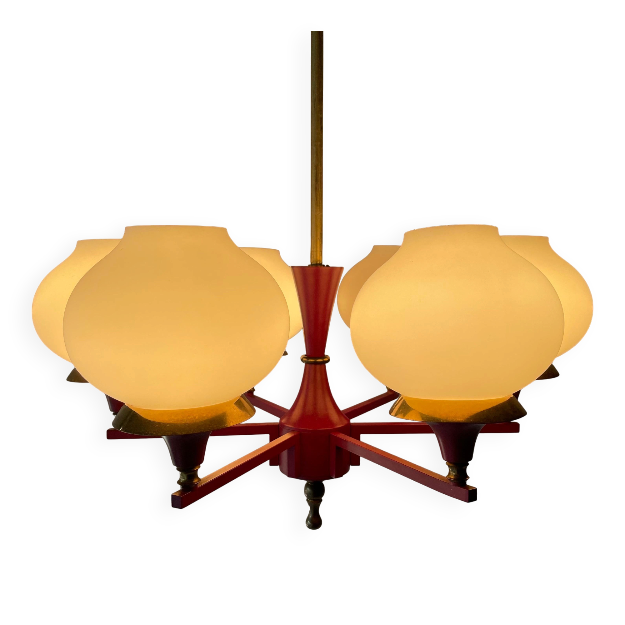 6 pendant lamps in glass and burgundy brass by Hans-Agne Jakobsson, 1960s, Sweden