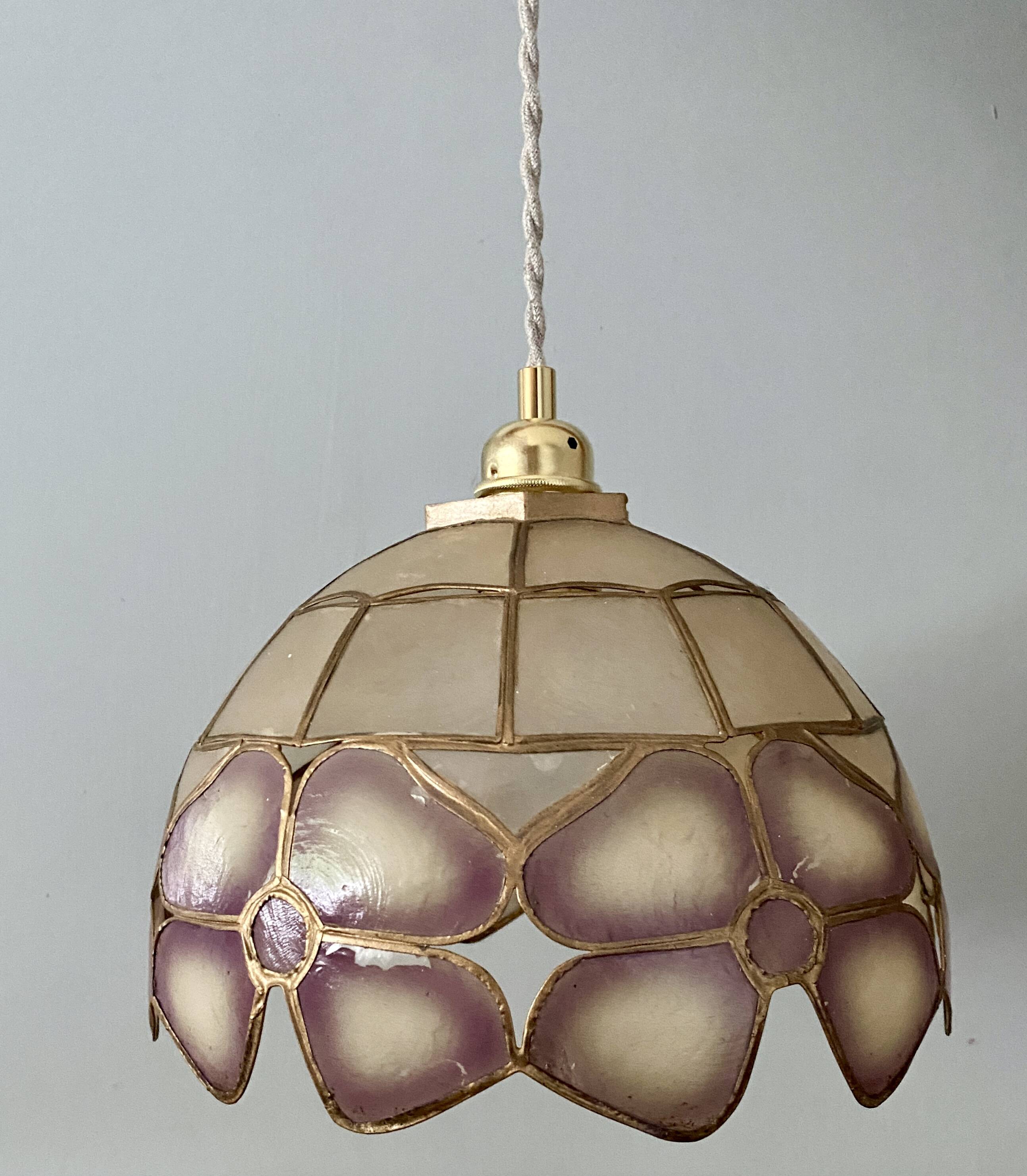 Vintage mother-of-pearl and brass lampshade pendant light
