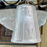 Art Deco chandelier in glass and wrought iron signed Muller Frères Luneville, 3 lights
